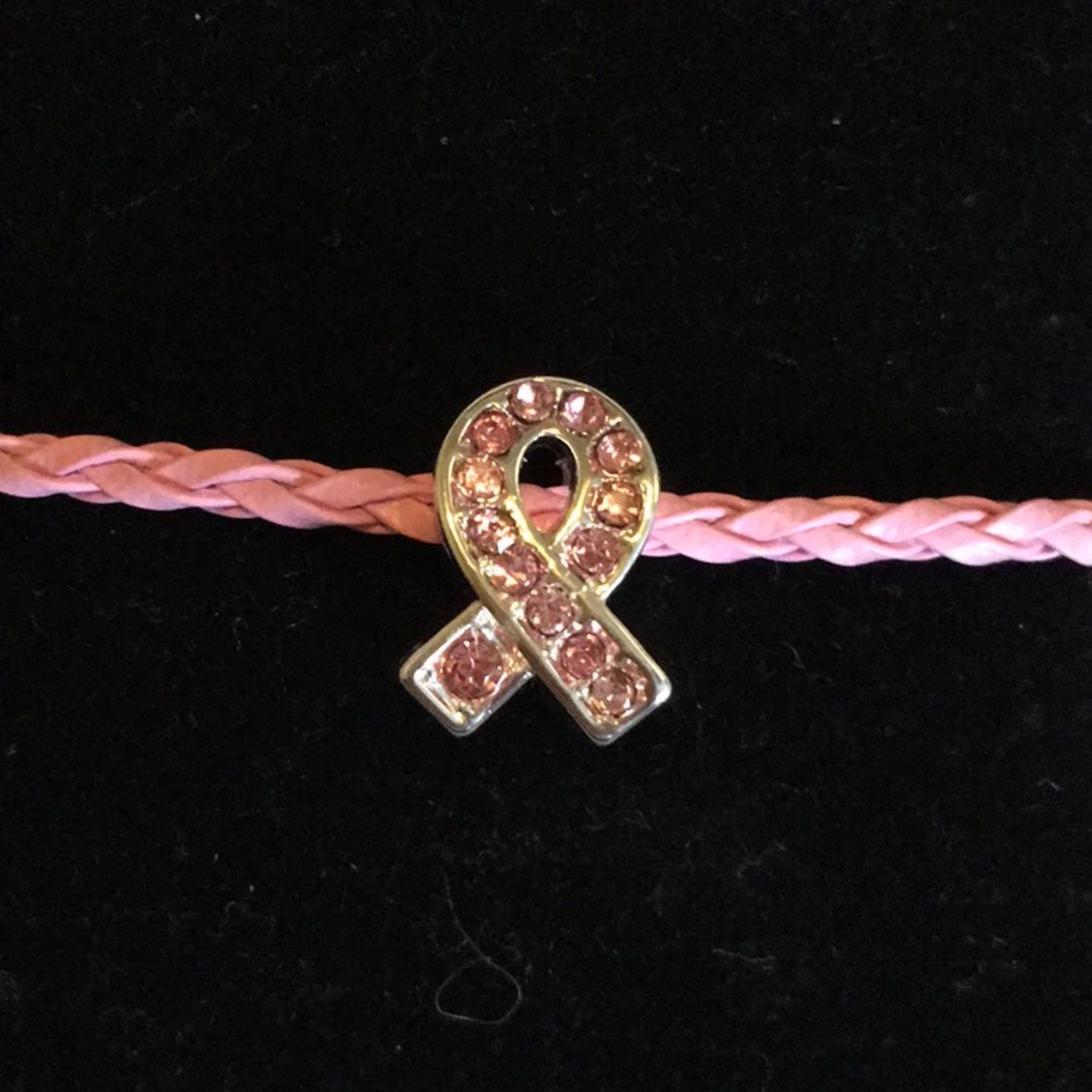 Avon Cherished Memories Pink Hope Charm Pave Ribbon and Cord Bracelet
